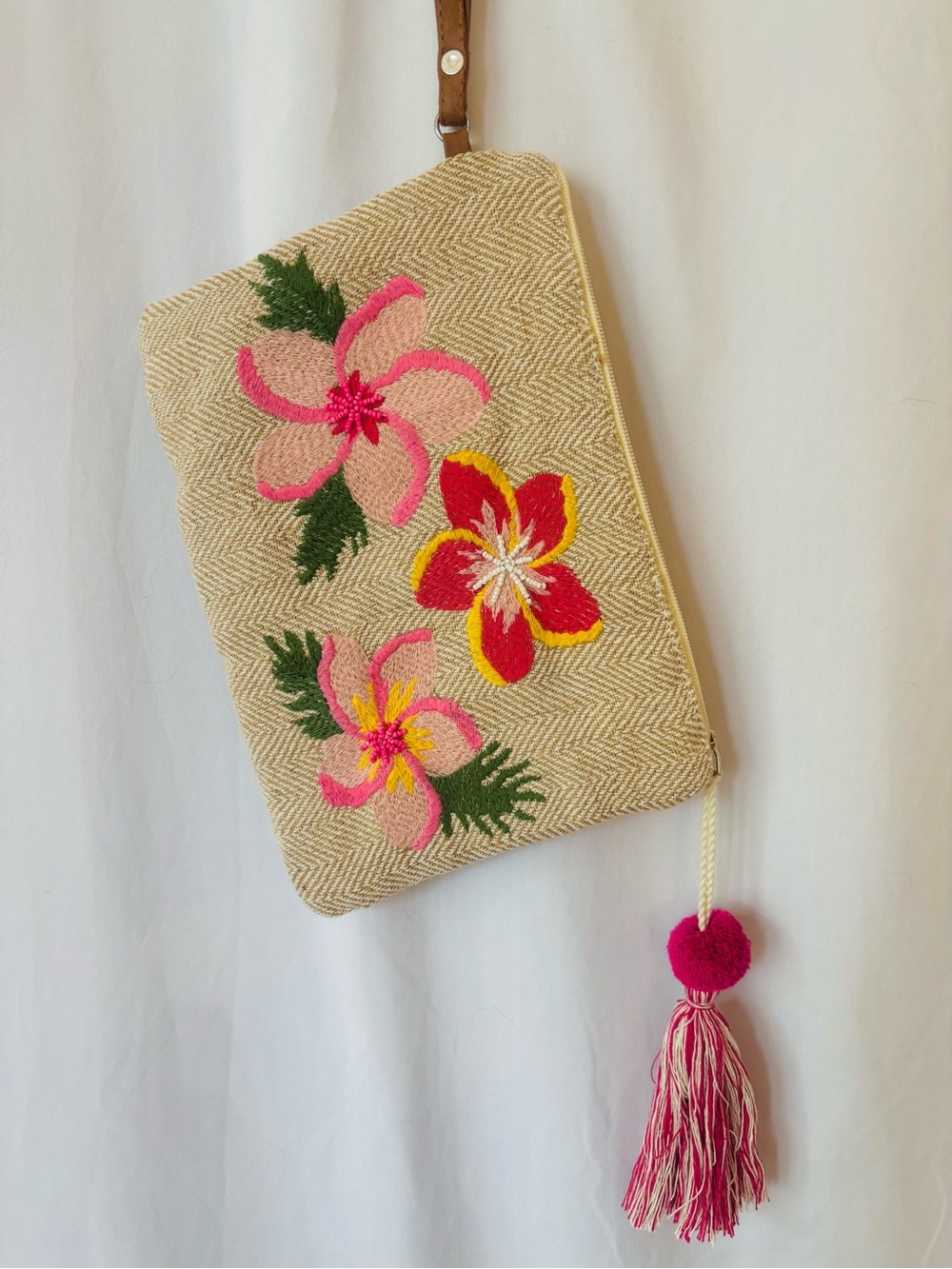 Embroidered Floral Wristlet Clutch Hibiscus Tassel Bag
